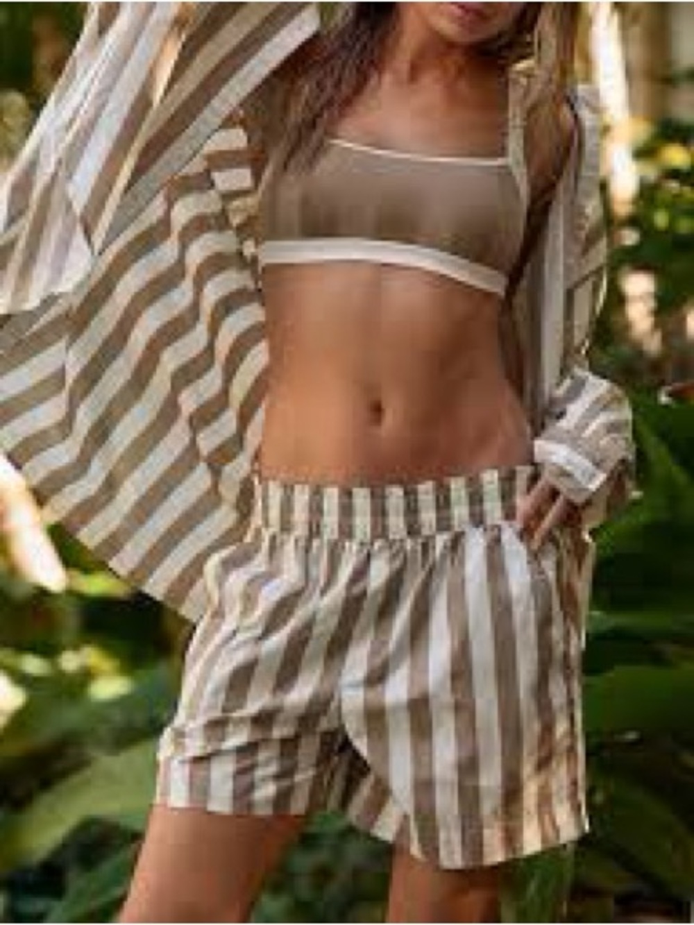 Aerie Cream Tan Striped Oversized Button Down Shirt Medium